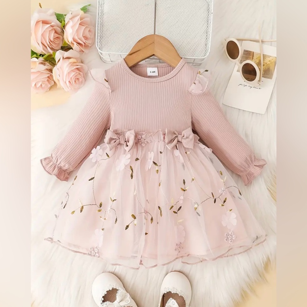 Baby Girl Blush Pink Tulle Dress with Floral Embroidery & Bow Details –Size 3–6M